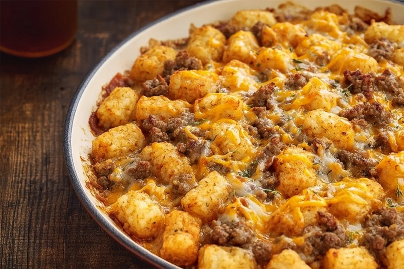 Sausage tater tot casserole served in a dish, perfect for breakfast.
