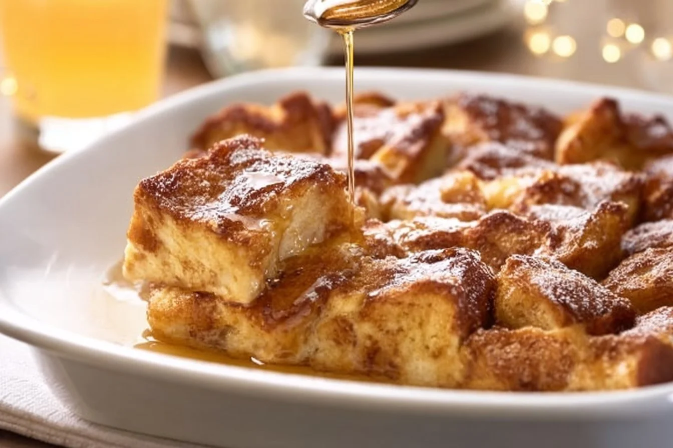 Delicious traditional French toast casserole served with syrup and berries.