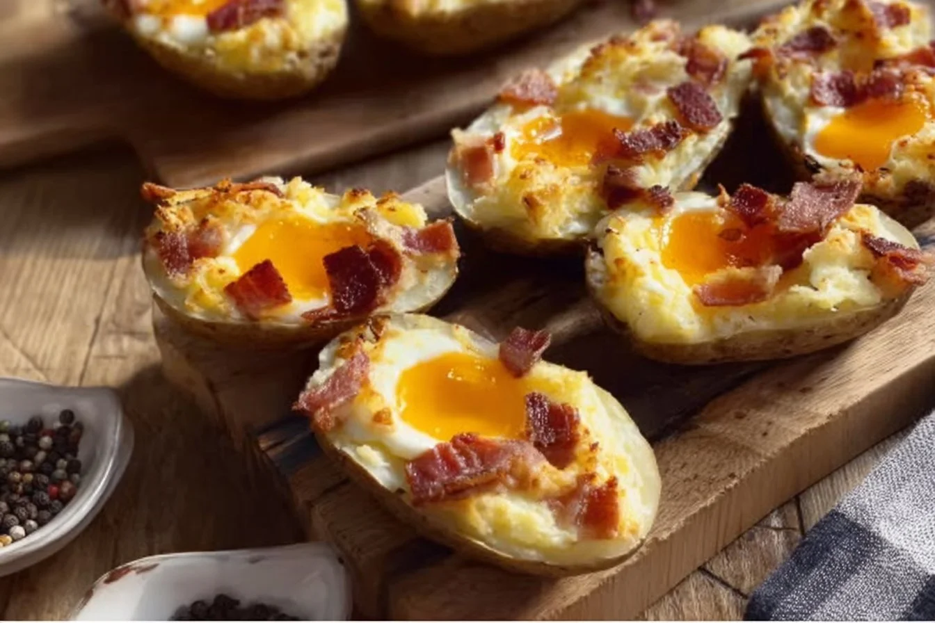 Twice baked loaded breakfast potatoes topped with cheese and bacon.