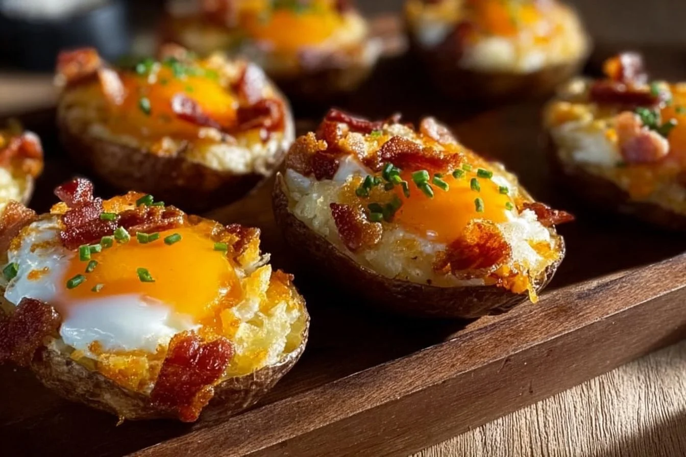 Twice Baked Loaded Breakfast Potatoes with cheese and toppings