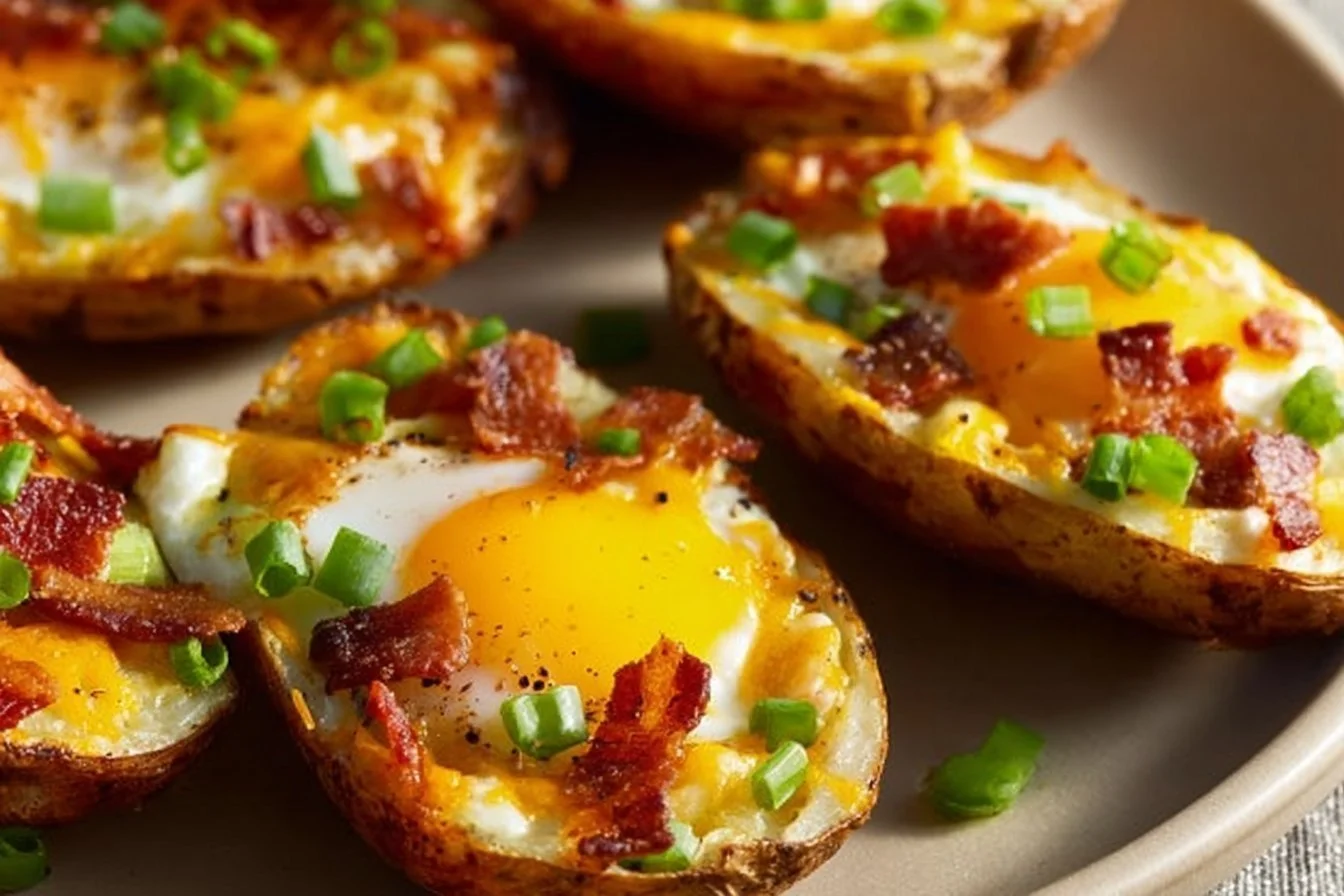 Twice-Baked Loaded Breakfast Potatoes 5 Twice-baked loaded breakfast potatoes topped with cheese, bacon, and chives.