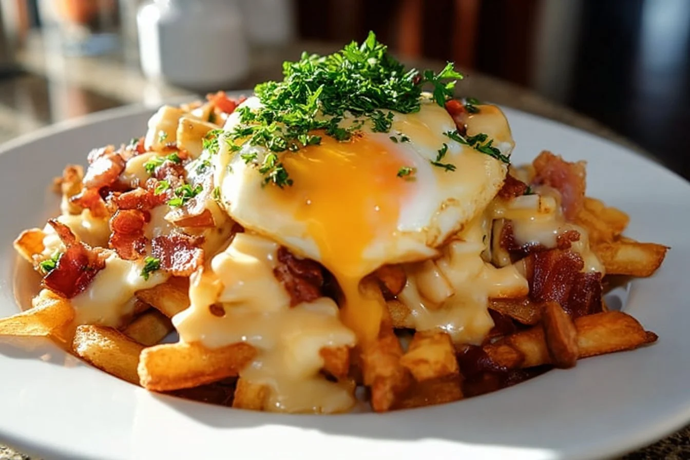 Ultimate Breakfast Poutine with creamy hollandaise sauce served on a plate