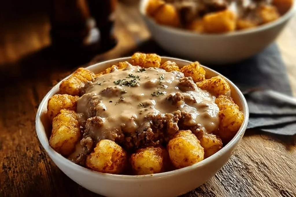 Ultimate Tater Tot Breakfast Bowl topped with eggs and cheese.