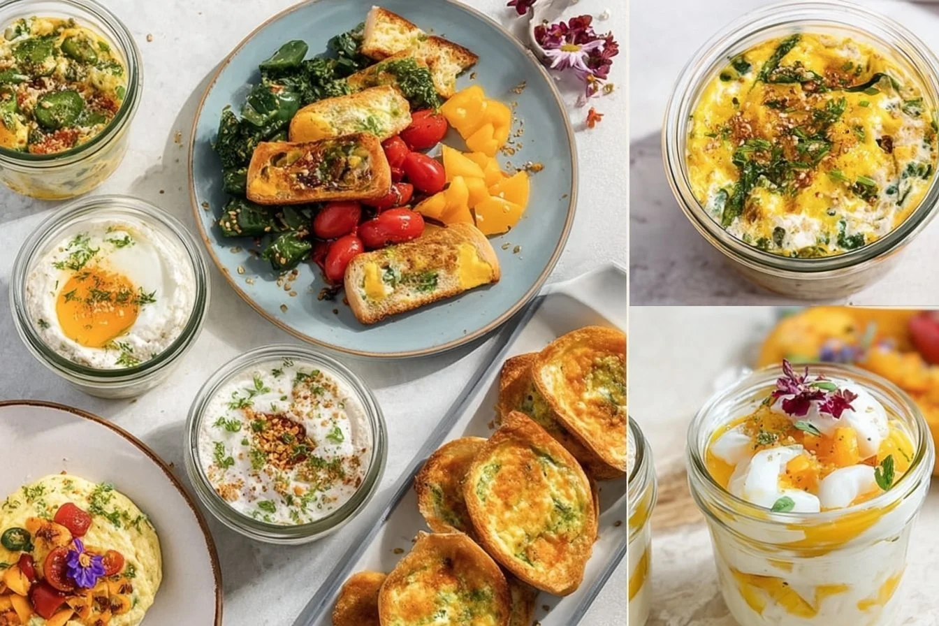 A variety of quick high protein morning meals including eggs, yogurt, and smoothies.