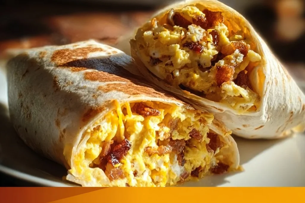 Healthy caramelized onion and cheese breakfast burrito served on a plate