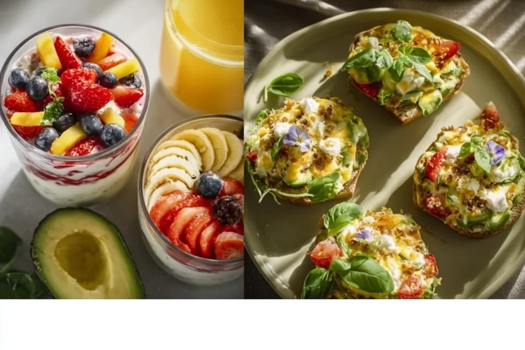 A variety of low-calorie breakfast dishes arranged on a table, showcasing healthy options.
