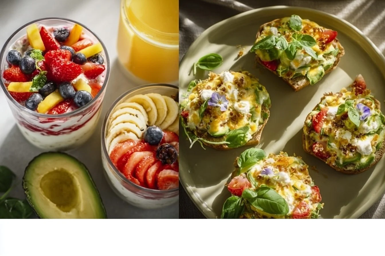A variety of low-calorie breakfast dishes arranged on a table, showcasing healthy options.
