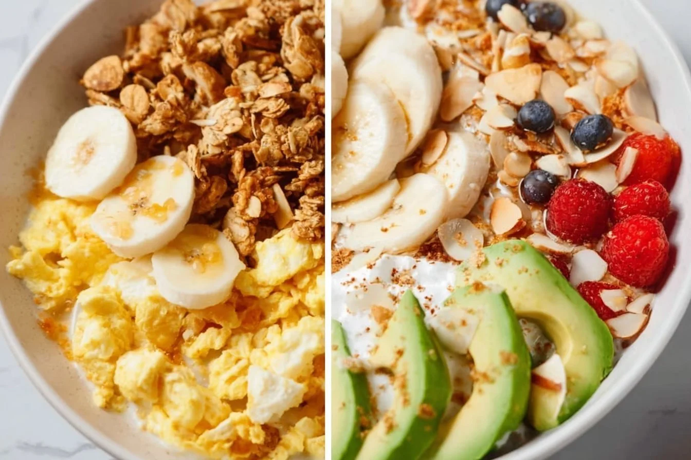 A variety of quick and healthy breakfasts prepared on a table.