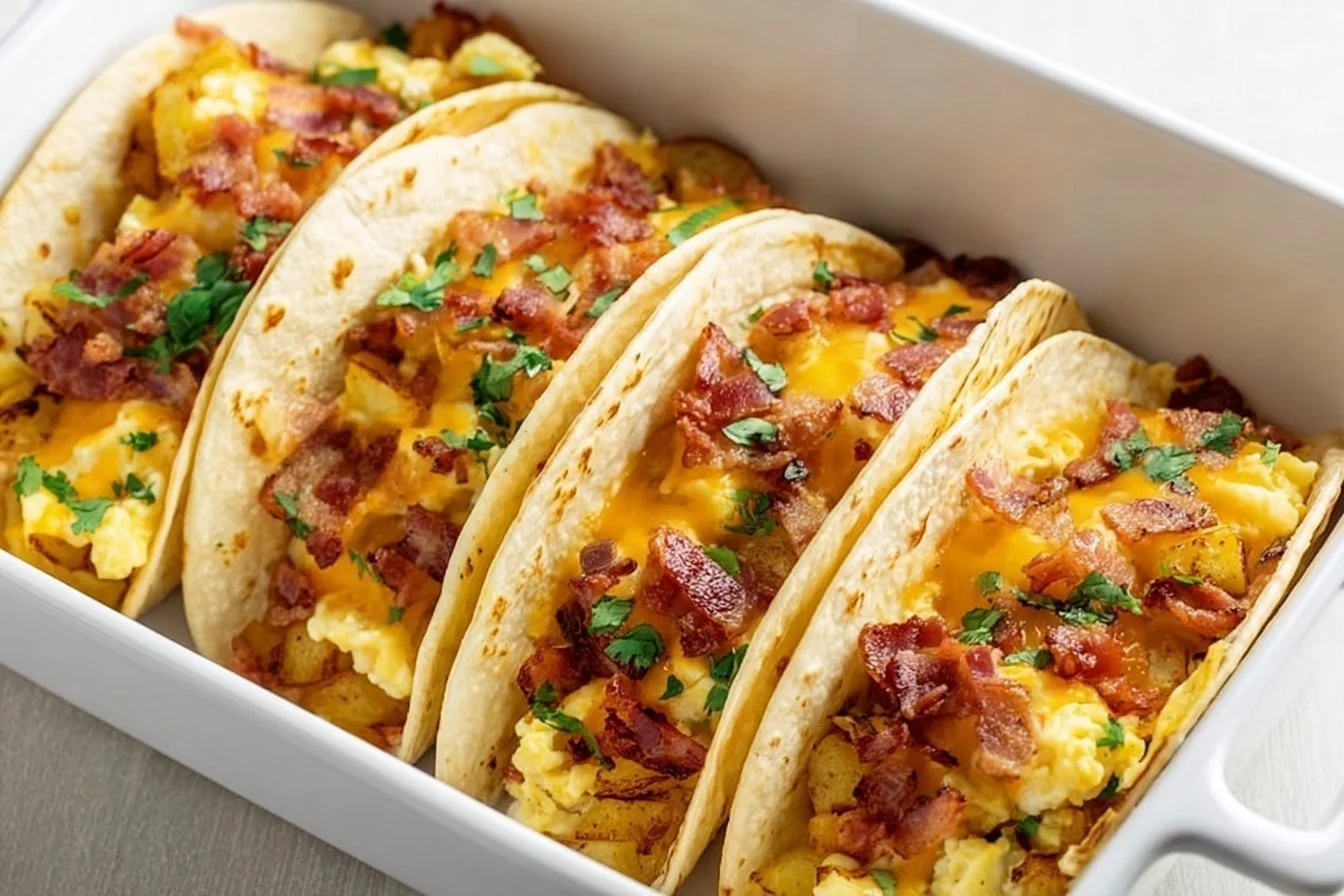 Delicious baked breakfast tacos filled with eggs and cheese