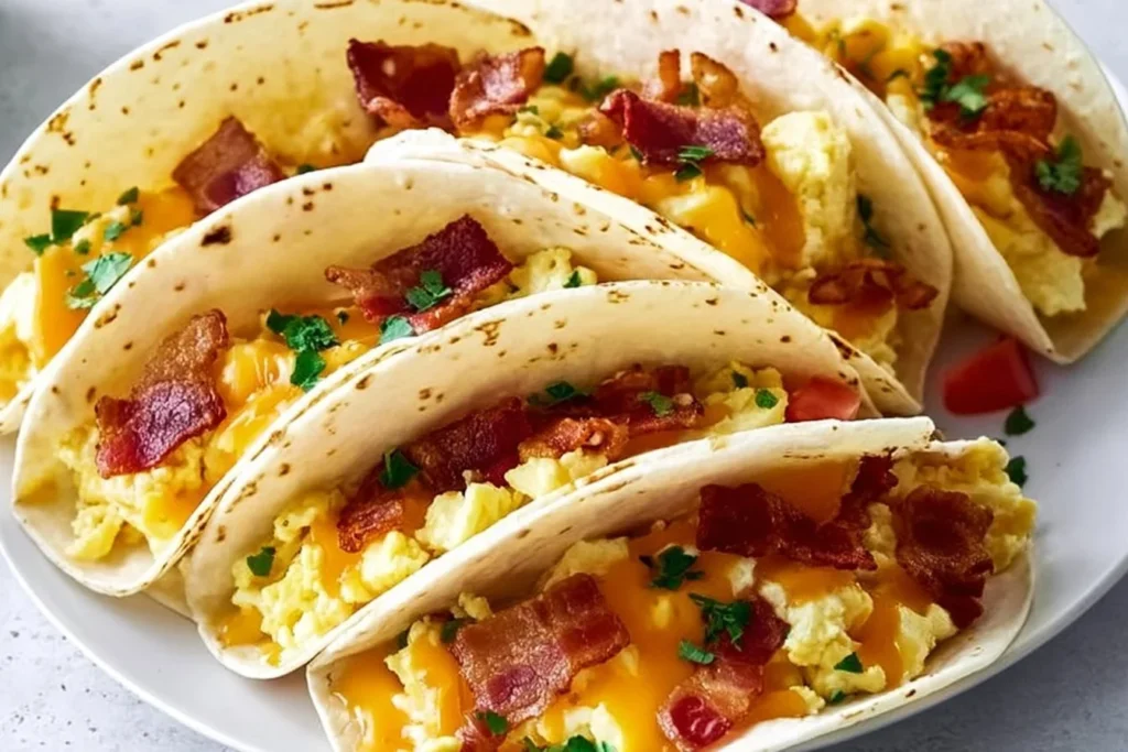 Baked breakfast tacos filled with eggs and cheese, perfect for a morning meal.