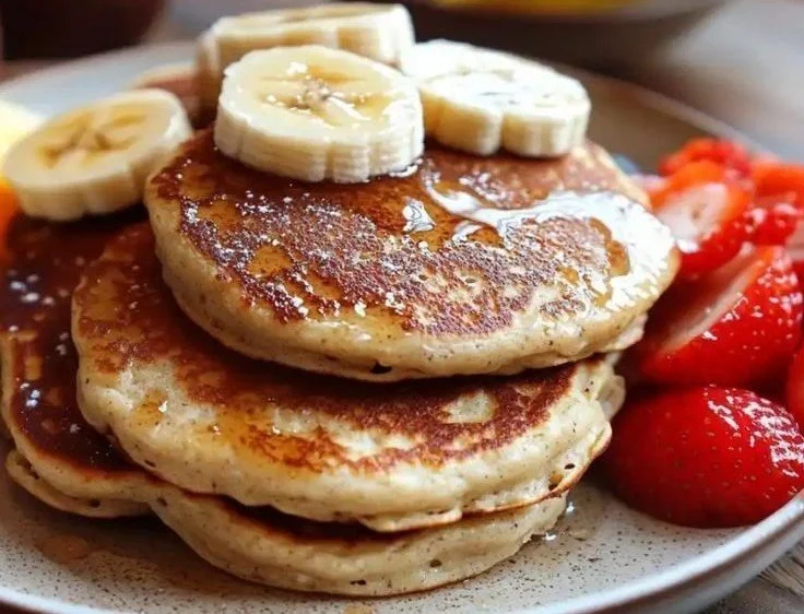 Delicious and healthy banana oatmeal pancakes stacked on a plate.