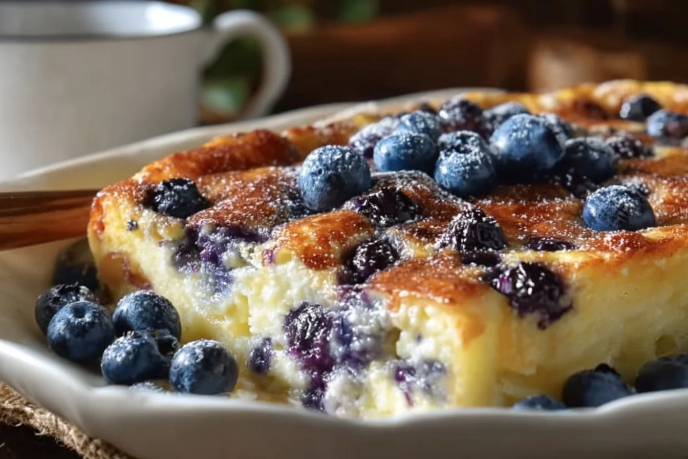 Blueberry Cottage Cheese Breakfast Bake served in a dish with fresh blueberries on top