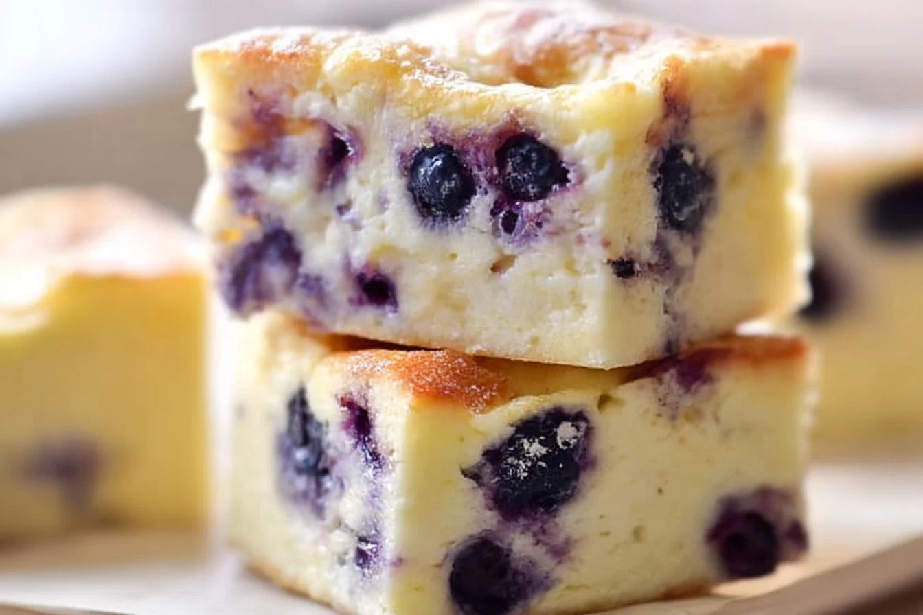 Blueberry Cottage Cheese Breakfast Bake in a dish with fresh blueberries