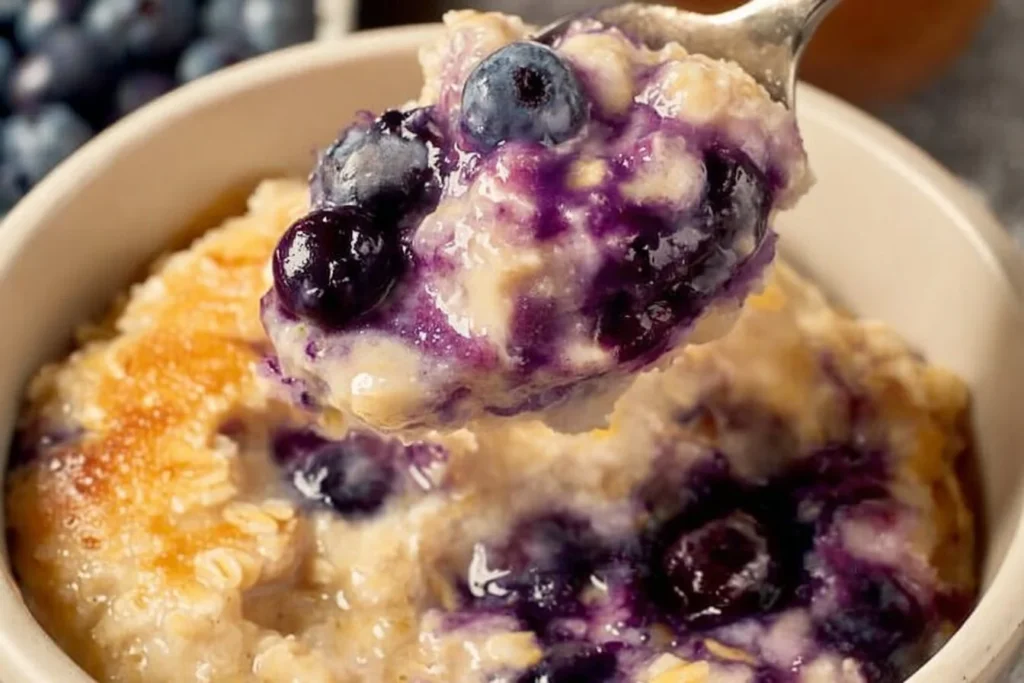Blueberry jam protein baked oats served in a bowl with fresh blueberries