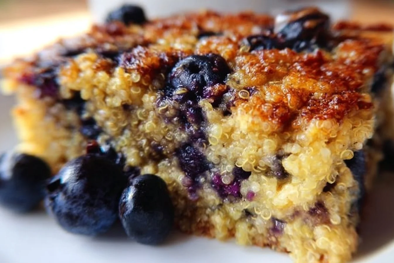 Blueberry quinoa breakfast bake in a serving dish, ready to be enjoyed.