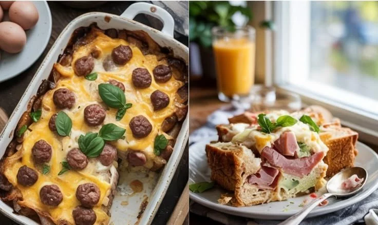 Delicious breakfast casserole with eggs, cheese, and vegetables in a baking dish.