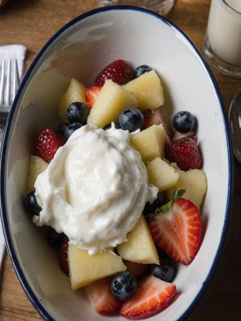 Colorful breakfast fruit salad made with fresh seasonal fruits