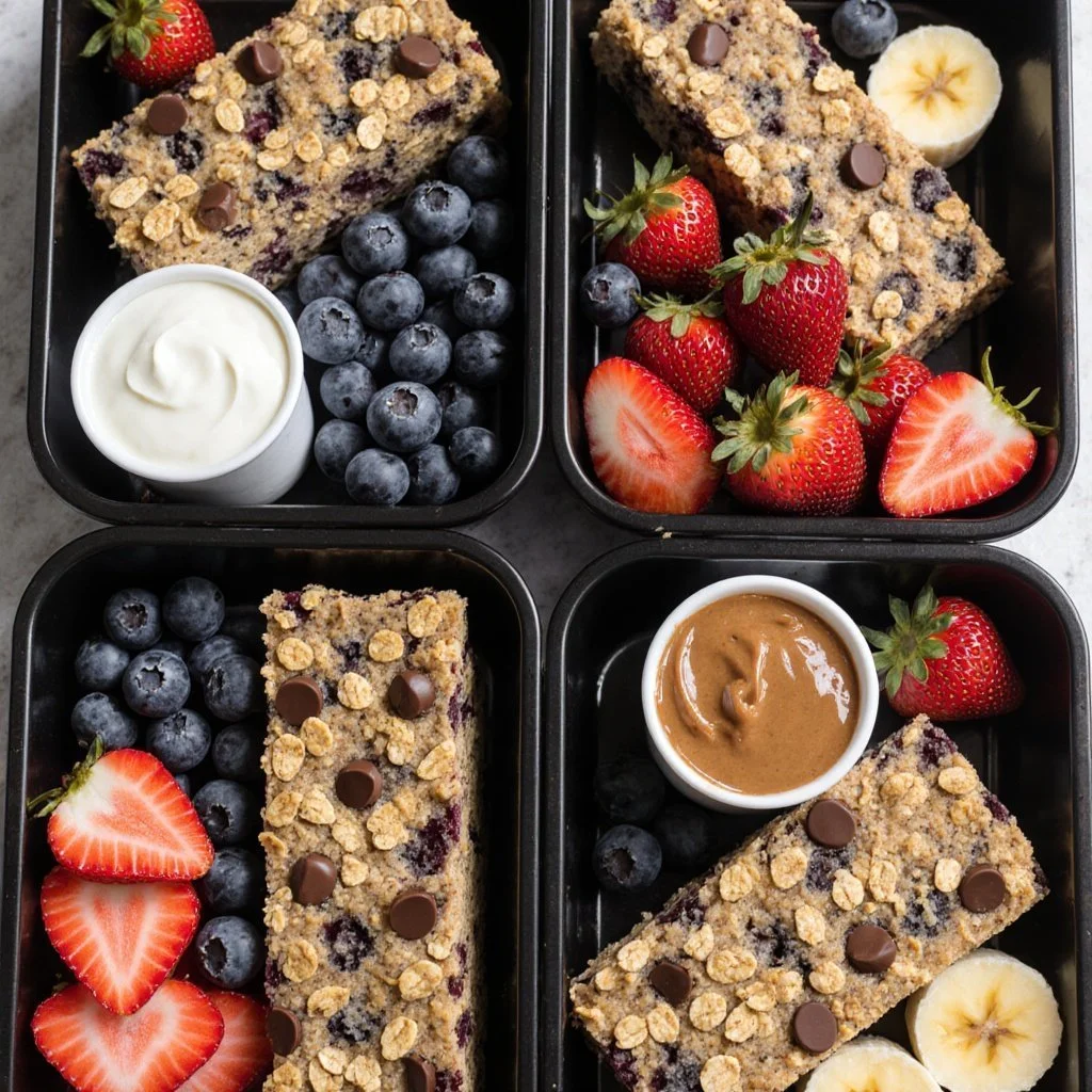 Colorful breakfast meal prep containers with healthy ingredients for easy meals