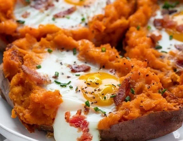 Delicious breakfast sweet potato topped with healthy ingredients