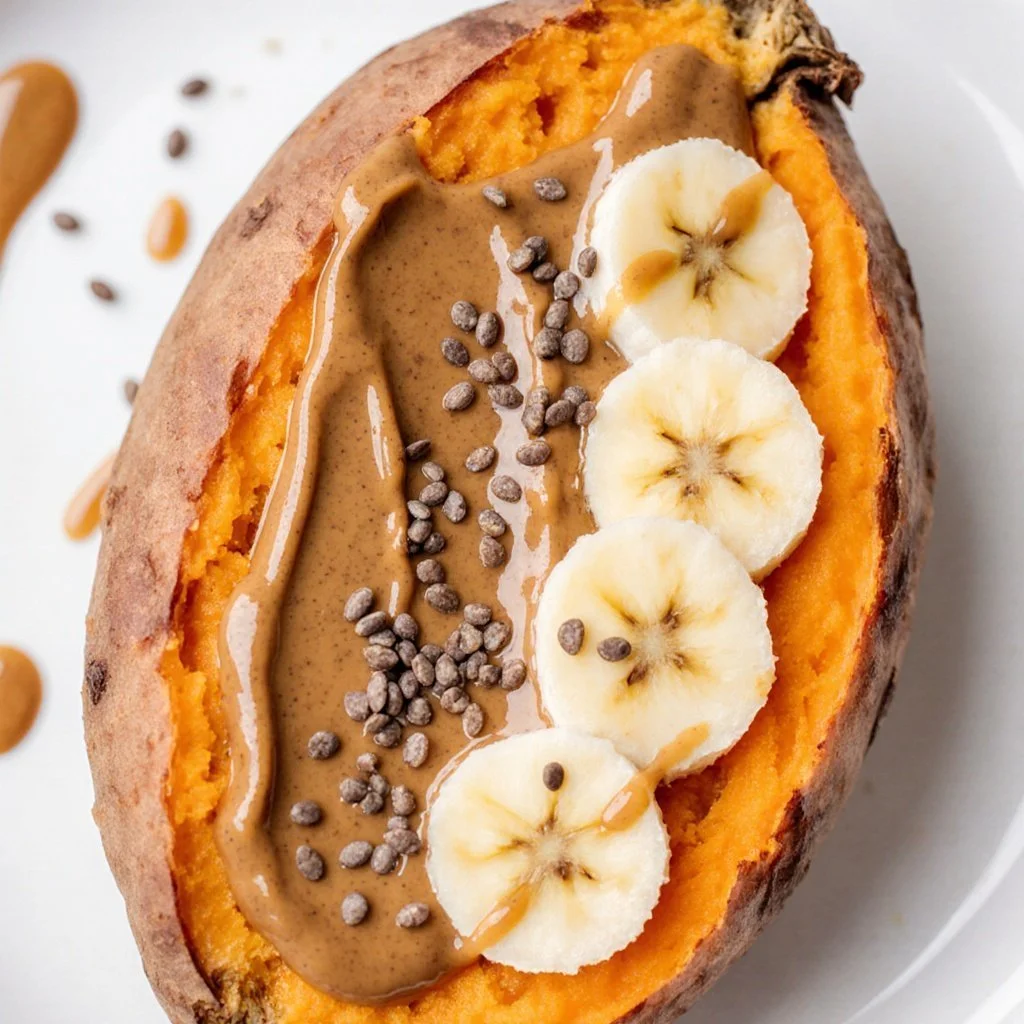 Delicious breakfast sweet potato topped with toppings ready to eat for a nutritious meal.