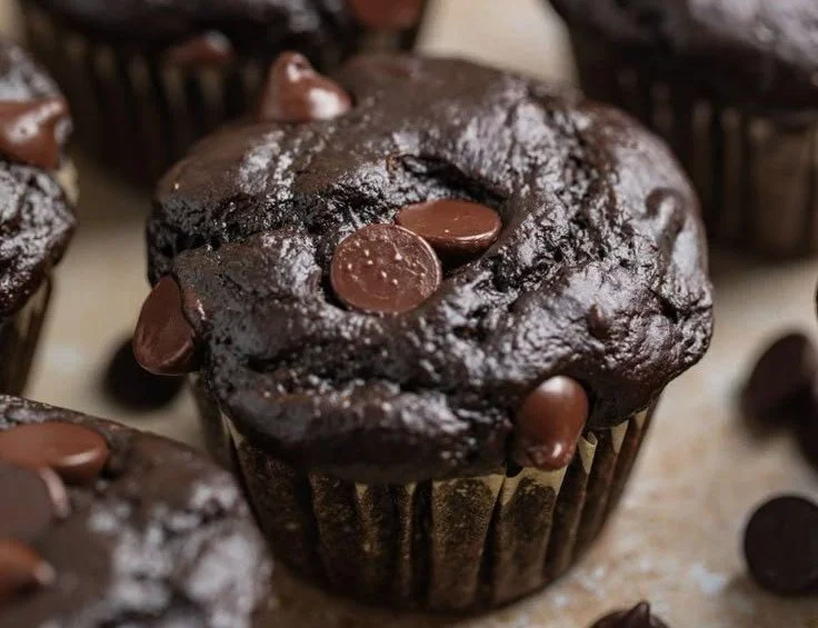 Freshly baked Chocolate Spinach Muffins with a rich chocolate glaze and spinach leaves.