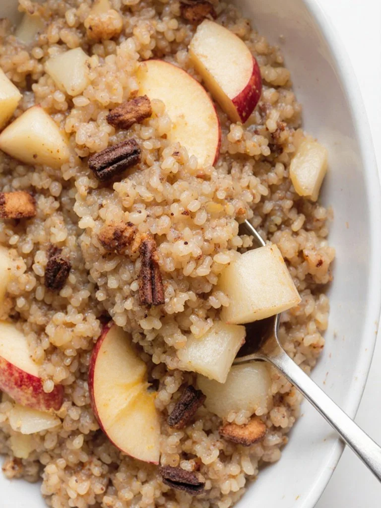 Bowl of cinnamon apple breakfast quinoa topped with apple slices and nuts