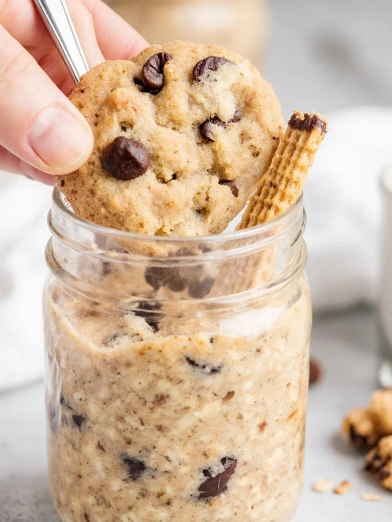 Bowl of Cookie Dough Overnight Oats topped with chocolate chips and nuts