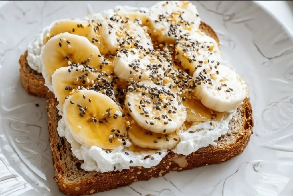 Cottage cheese toast topped with sliced bananas for a healthy breakfast