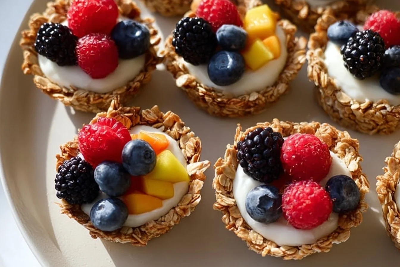 Healthy breakfast granola cups filled with oats, nuts, and berries.