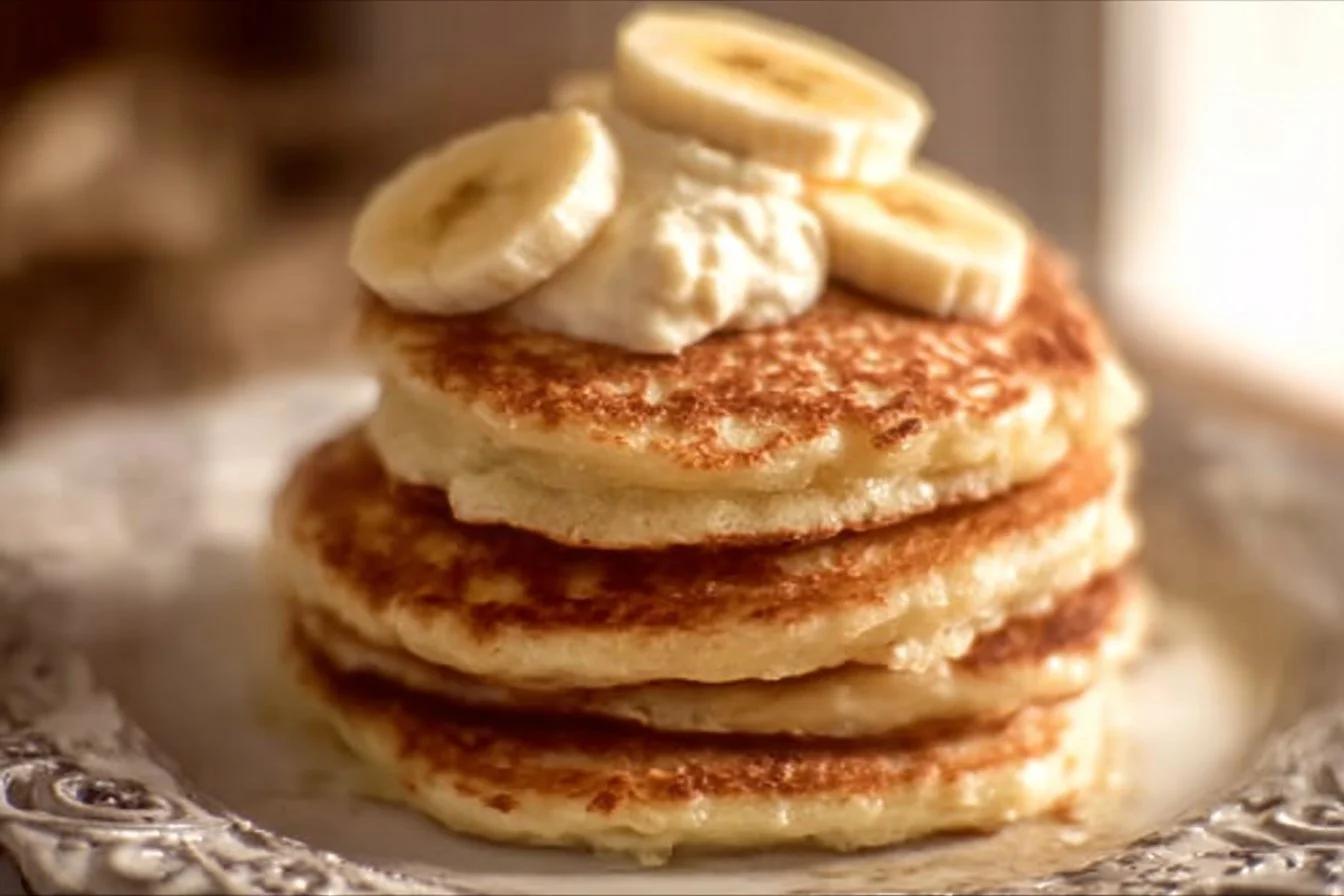 Fluffy banana pancakes with cottage cheese served on a plate