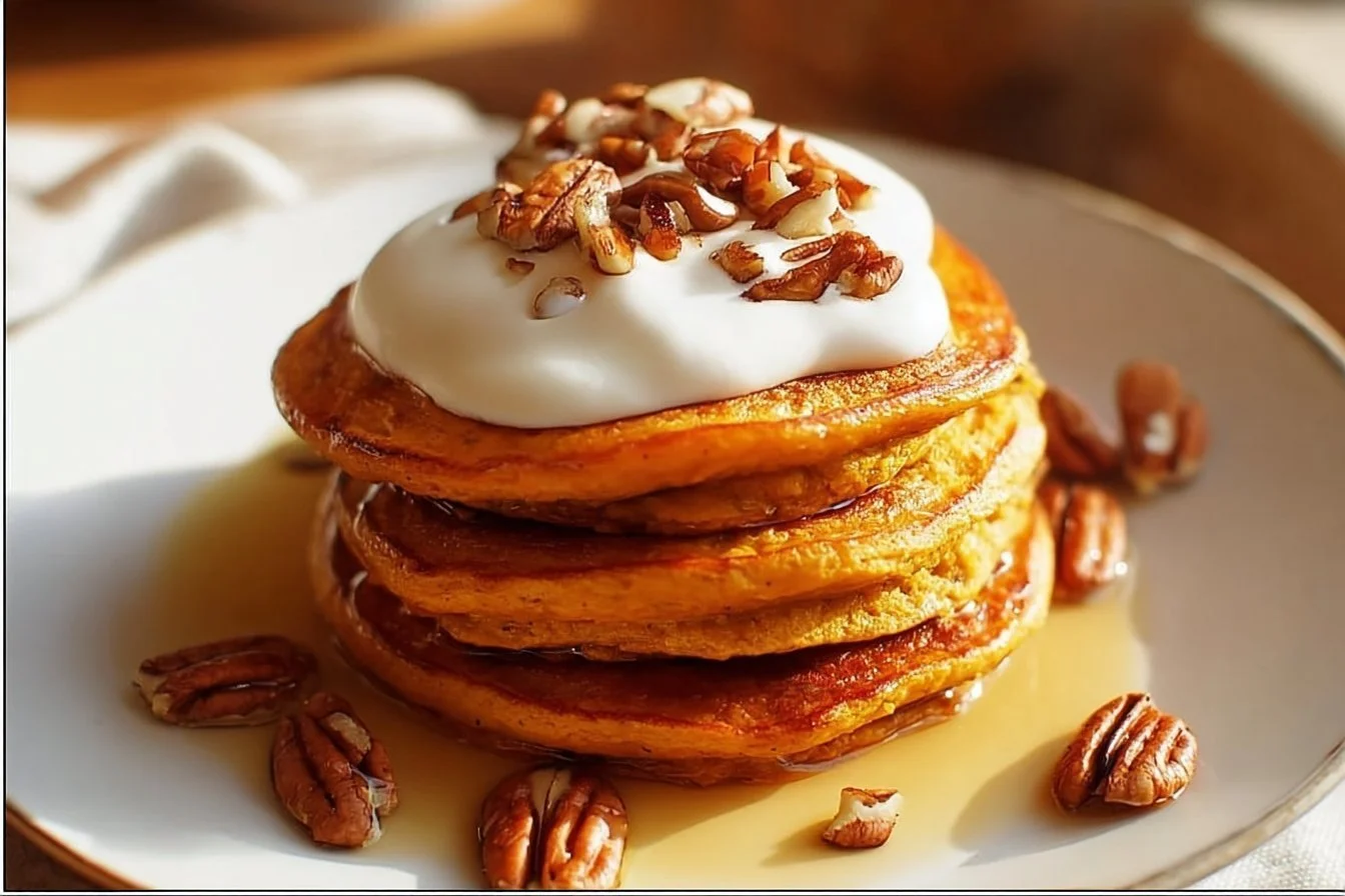 Fluffy Sweet Potato Pancakes 4 Delicious fluffy sweet potato pancakes stacked on a plate with syrup