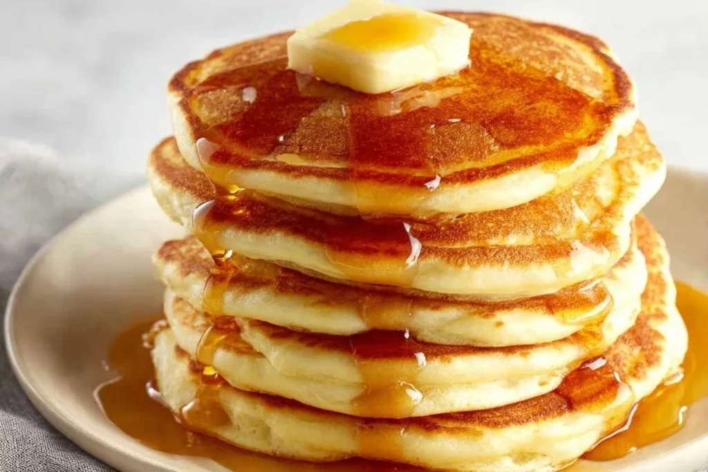 Fluffy Greek Yogurt Pancakes stacked with fresh berries and syrup