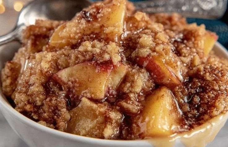 Healthy apple crumble dessert with oats and cinnamon in a baking dish