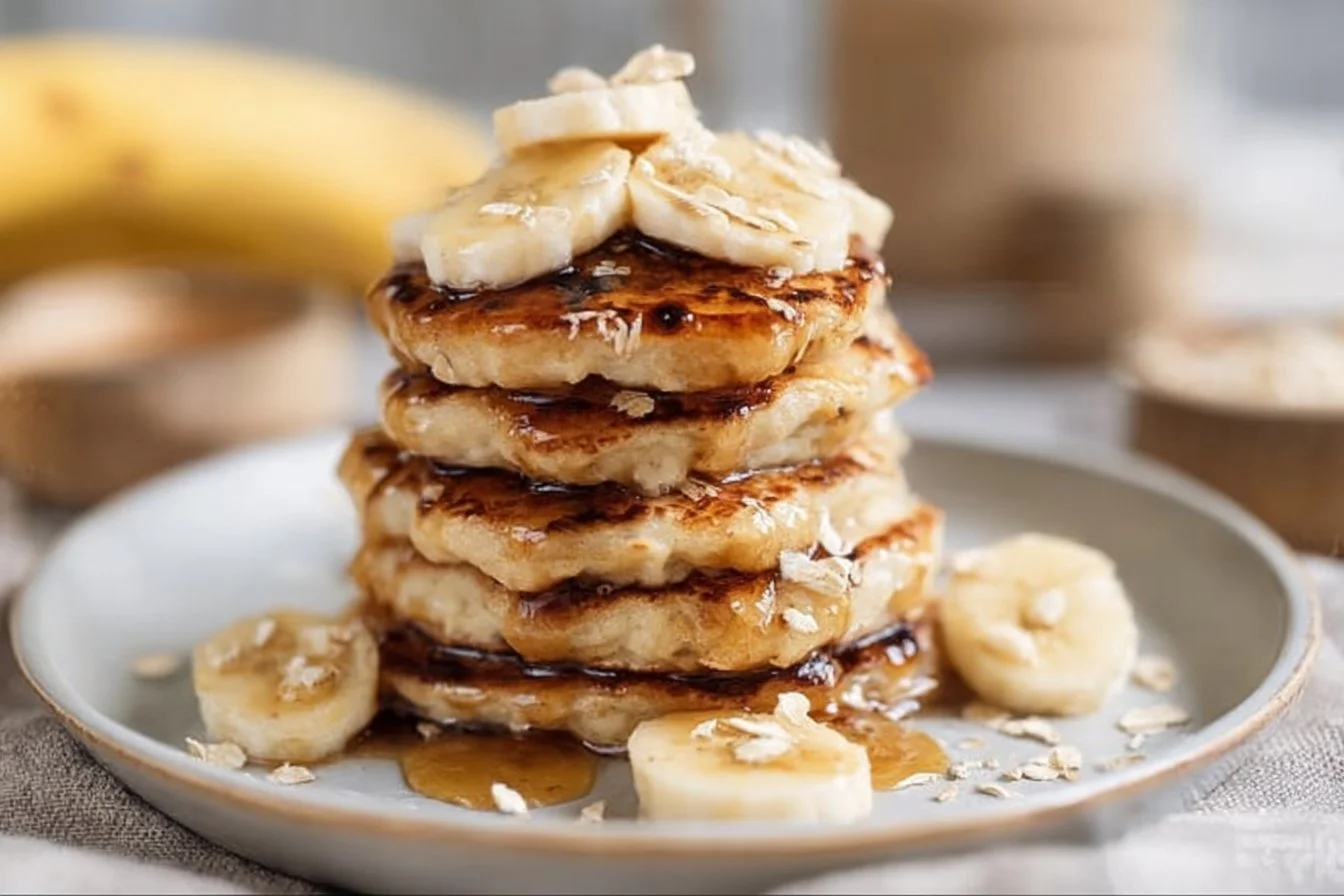 Healthy banana oatmeal pancakes stacked with fresh bananas on top