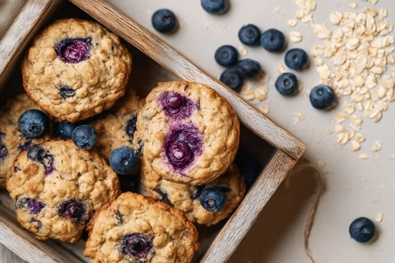 Healthy breakfast cookies with oats and fruits on a plate