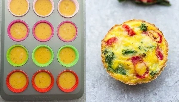 Healthy Breakfast Egg Muffins 4 Healthy breakfast egg muffins with vegetables baked in a muffin tin