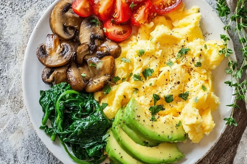 Healthy breakfast plate with creamy eggs, avocado, and whole grain toast.