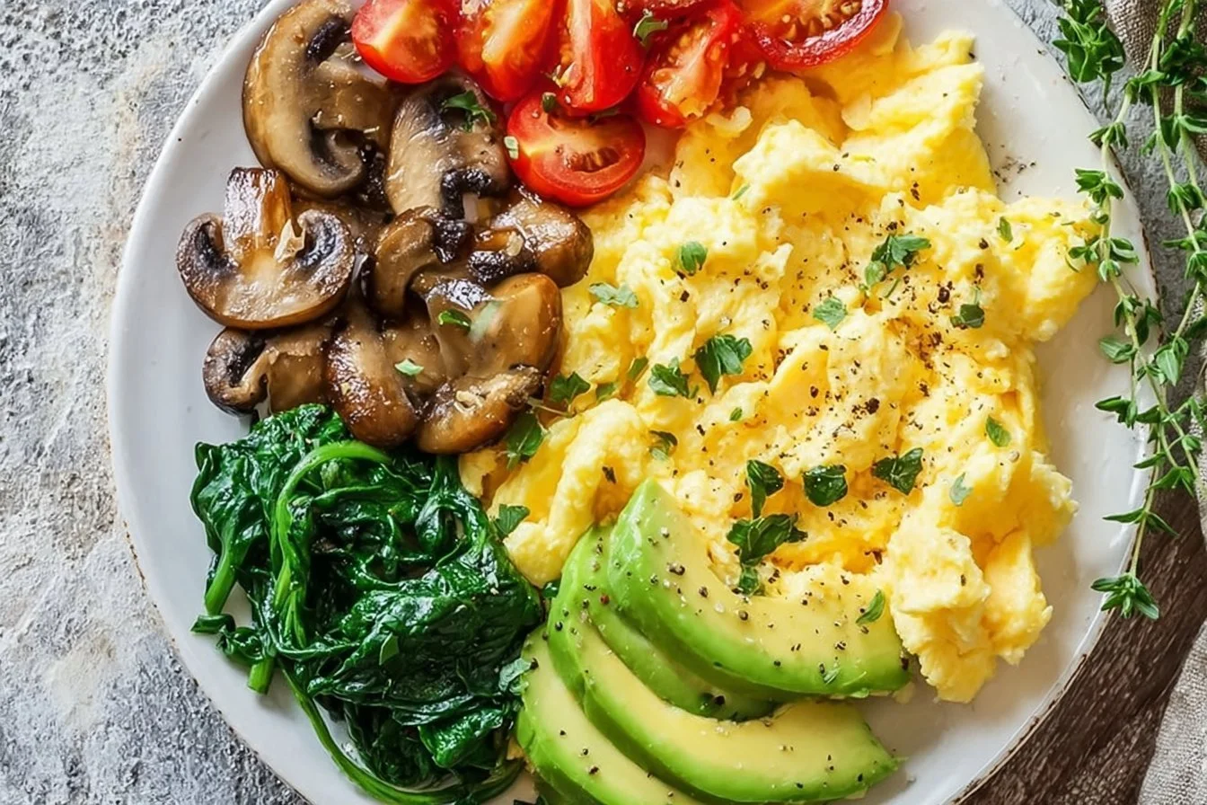 Healthy breakfast plate with creamy eggs, avocado, and whole grain toast.