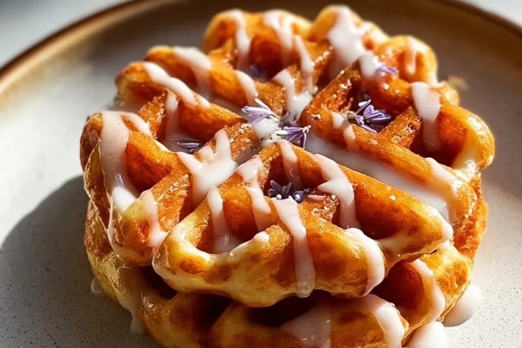 Healthy donut chaffle topped with chocolate glaze and sprinkles