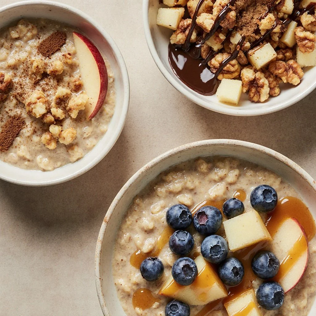 Bowl of hearty oatmeal topped with fruits and nuts