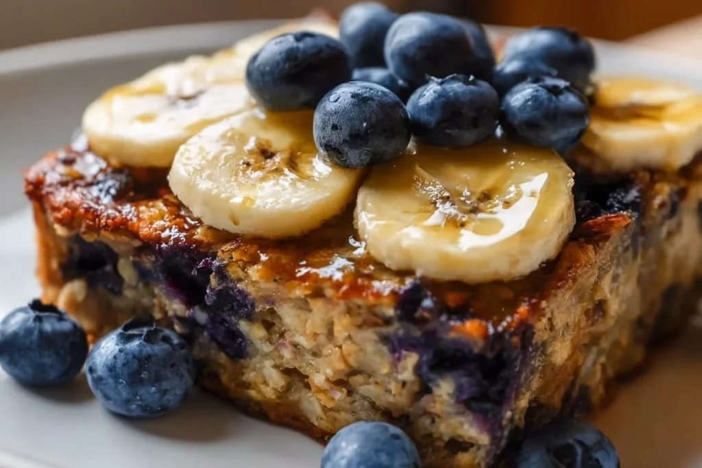 High Protein Banana Blueberry Breakfast Bake served on a plate