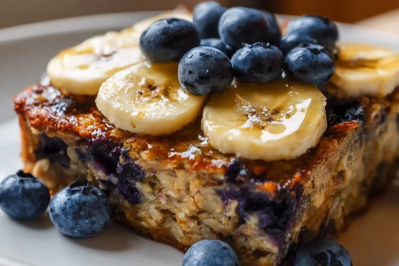 High Protein Banana Blueberry Breakfast Bake served on a plate