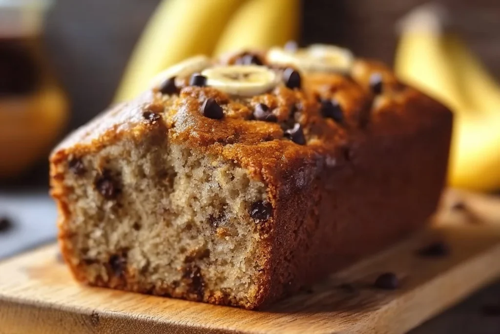 High protein banana bread fresh out of the oven, golden brown and delicious.