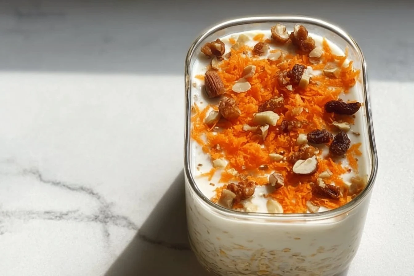 High Protein Carrot Cake Overnight Oats in a jar with toppings