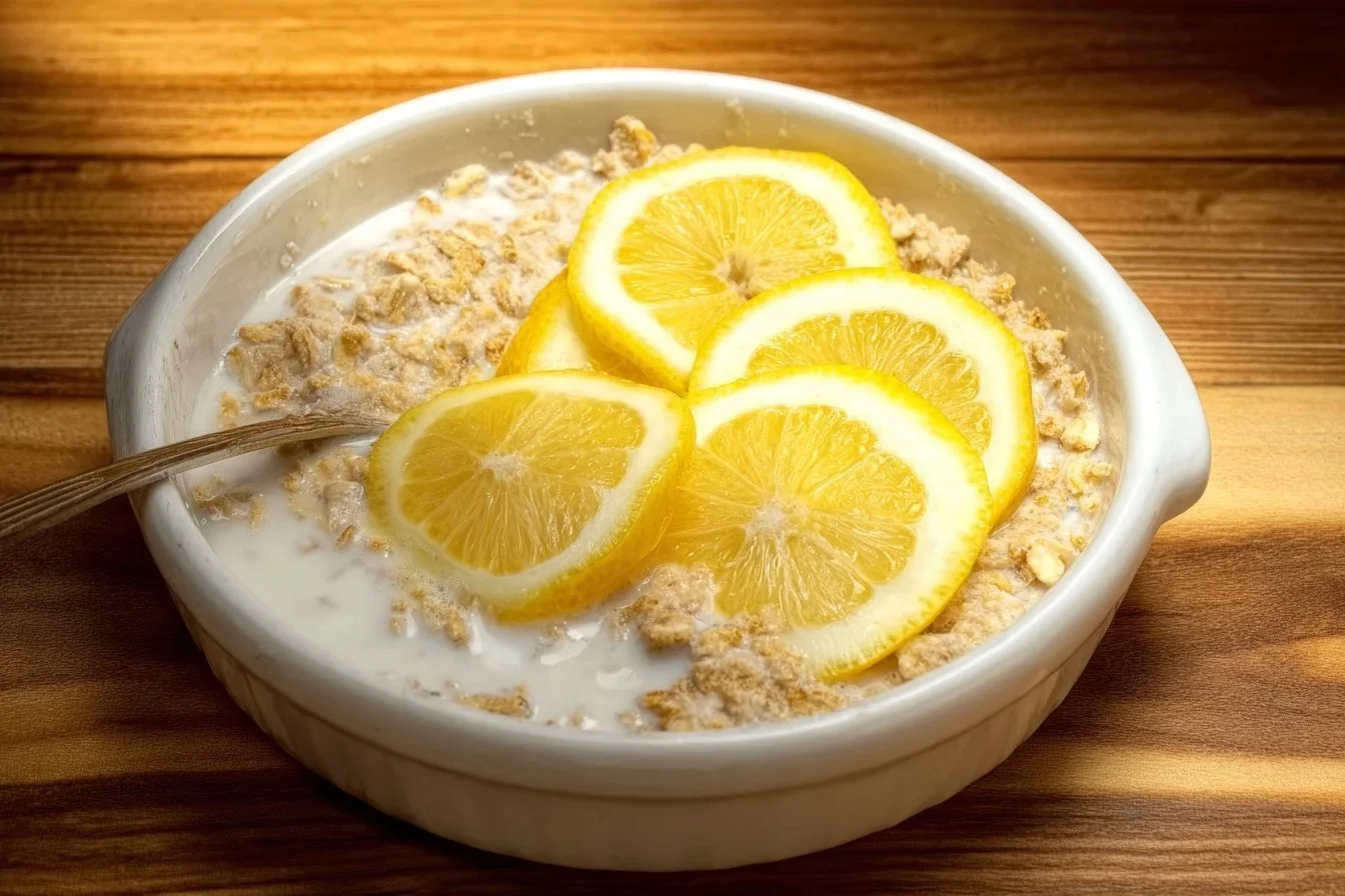 Healthy lemon baked oats served in a bowl, topped with fresh lemon zest.