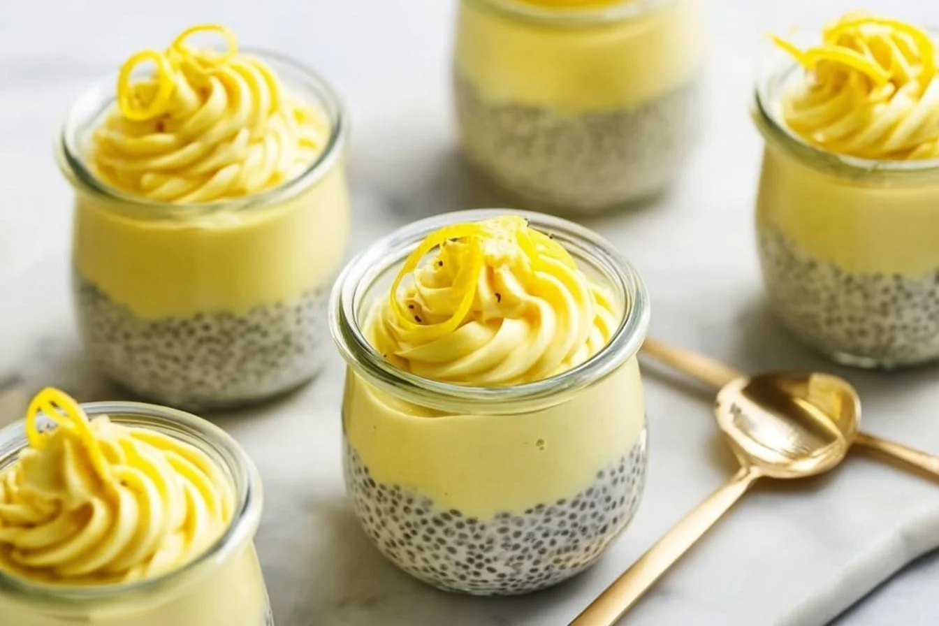 Delicious and refreshing Lemon Cream Chia Pudding in a glass bowl