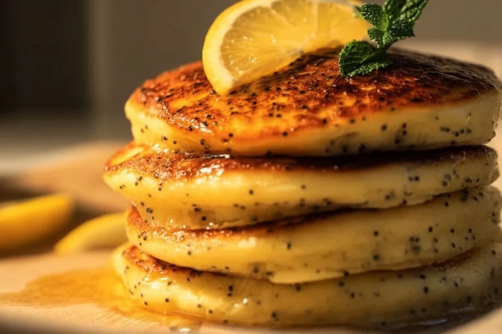 Fluffy lemon poppy seed pancakes topped with fresh berries and a drizzle of syrup