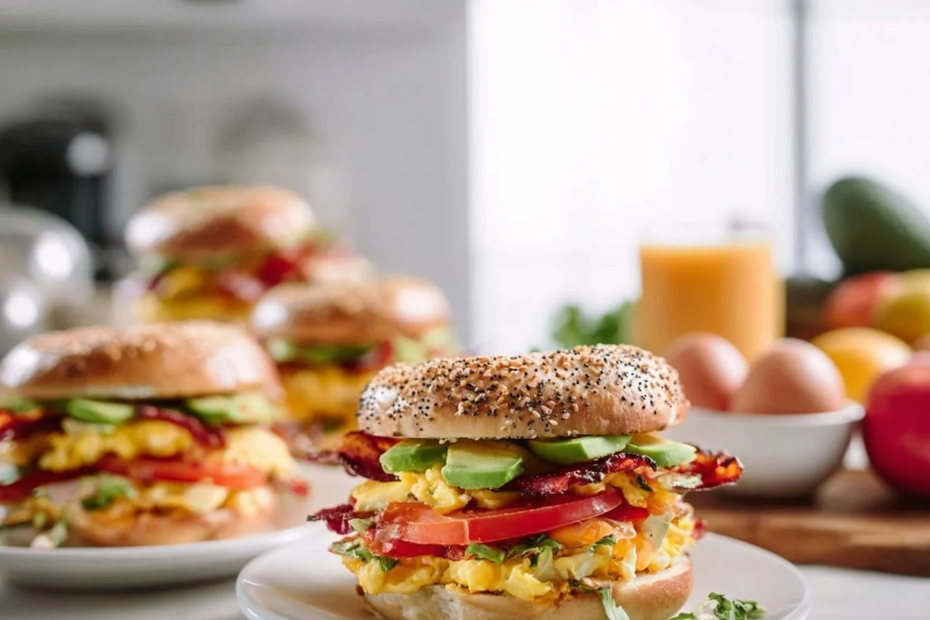 Delicious loaded breakfast bagel sandwich with eggs, bacon, and cheese