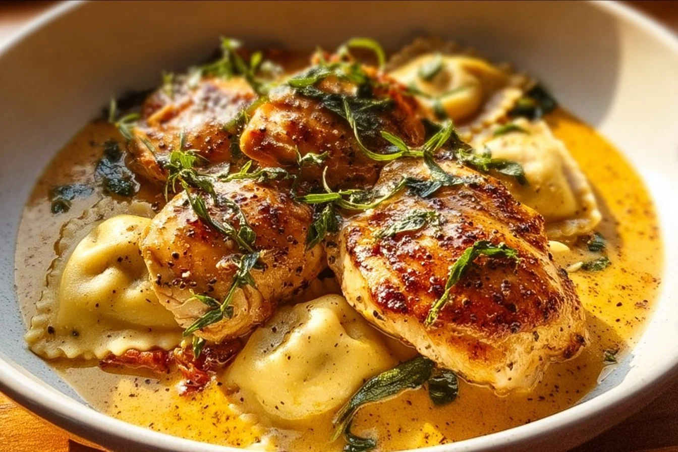 Plate of Marry Me Chicken served with ravioli, garnished with herbs