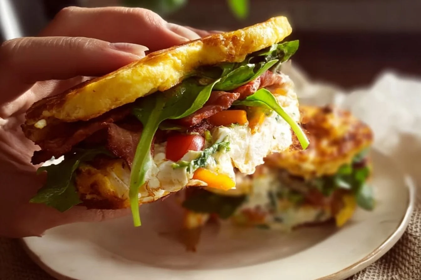 Delicious no-carb breakfast sandwich with fresh ingredients and no bread.